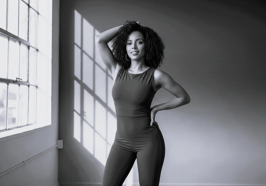 Realistic photographic image of a confident Afro-Latina model in a vibrant form-fitting dress, showcasing a perfectly sculpted hourglass silhouette, achieved with Sonryse Colombian Fajas.