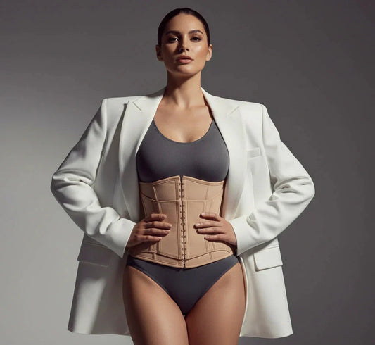 Woman wearing a white blazer over a gray top and black underwear with a visible waist trainer.