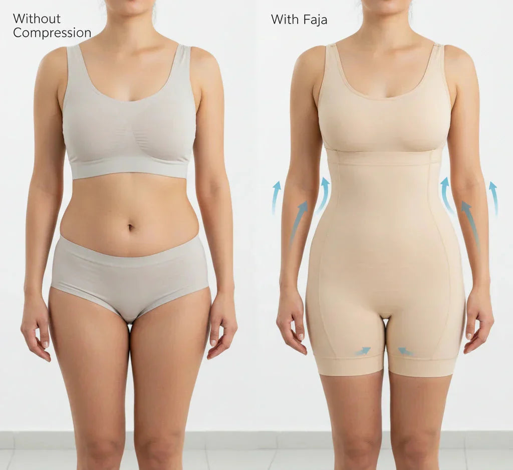 Comparison of compression garment with and without a faja on a person.