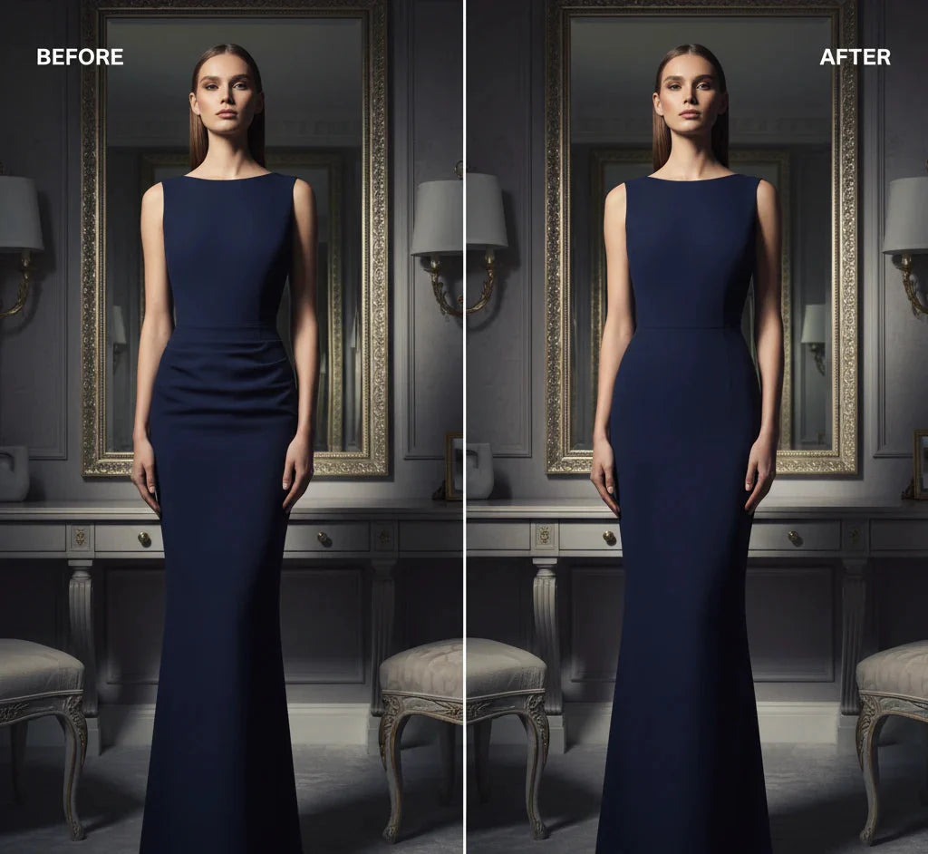 Before and after comparison of a woman in a navy blue dress in a room setting.