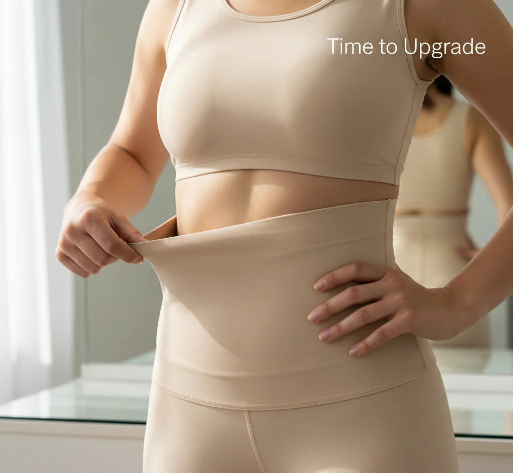 Person wearing a beige compression garment with text 'Time to Upgrade' in a bright room.