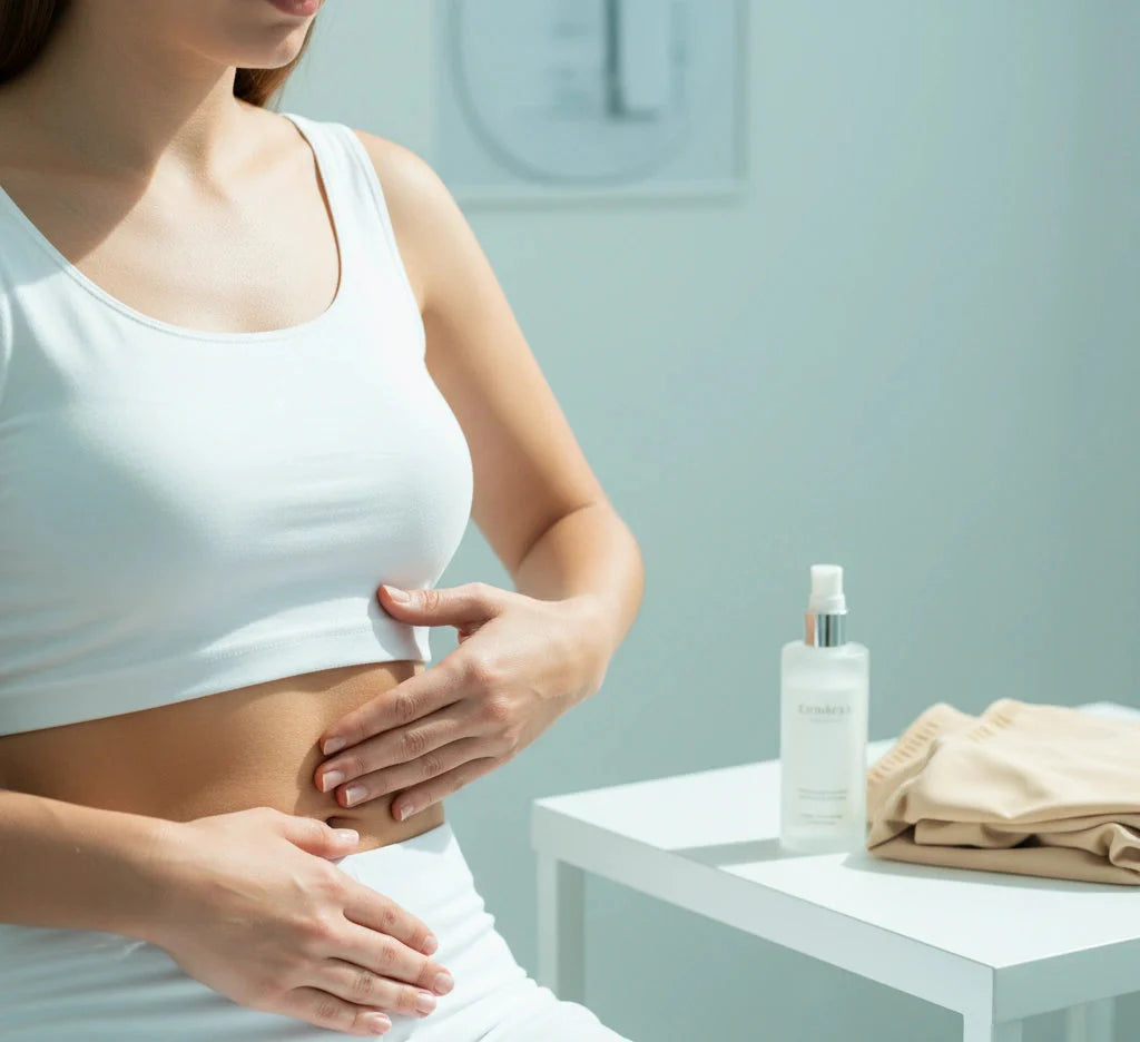 Woman in a white tank top and pants sitting on a white chair with a bottle of skincare product on a table.