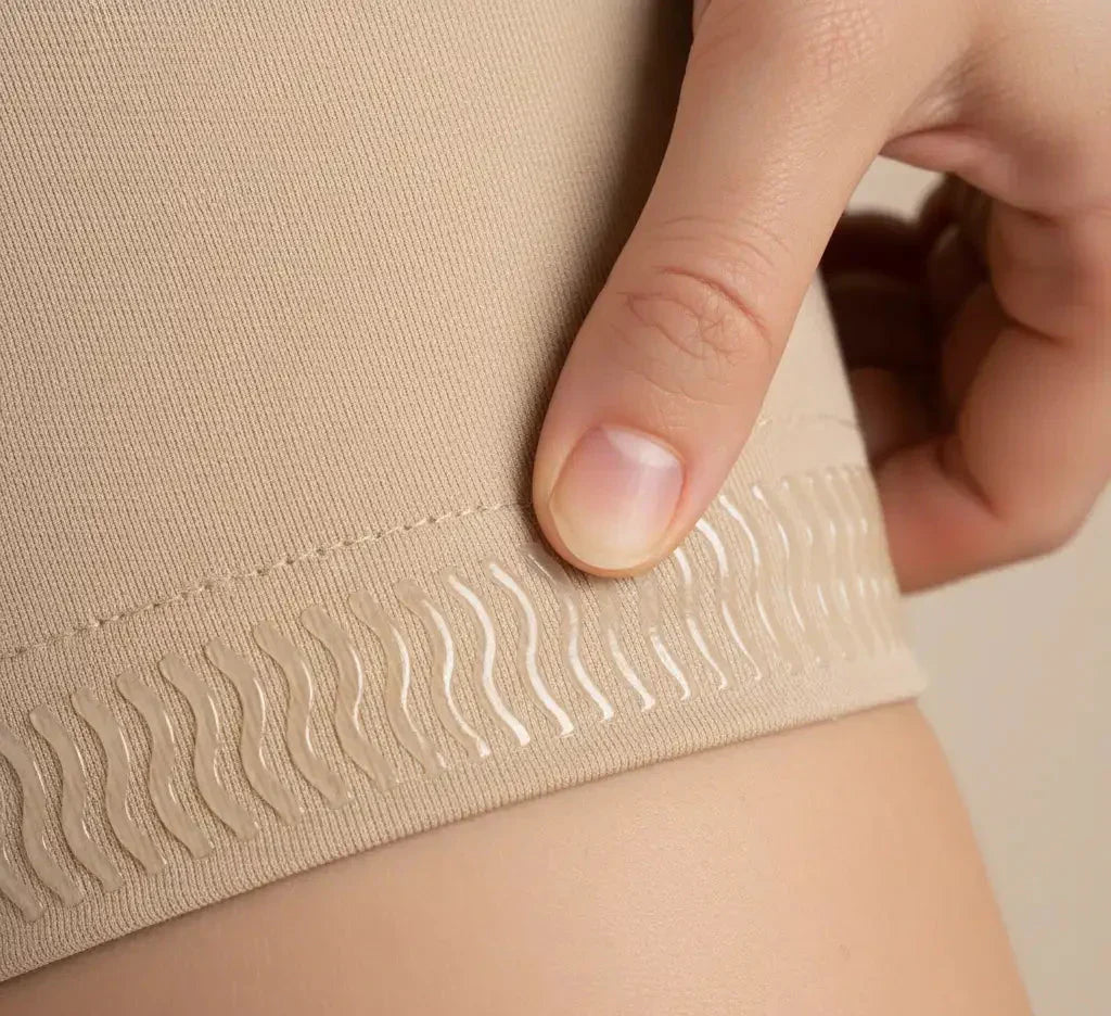 Close-up of beige compression garment with hand touching the fabric